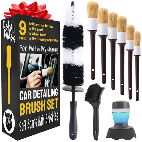Car Detailing Brush Set 9-Pack - Boars Hair Brushes with Tire and Wheel Brush Plus Tire Dressing Applicator - Soft Bristle Car Detailing Kit for Interior, Exterior and Wheels - Detail Dudes - size: 9 Pack (Full Kit)