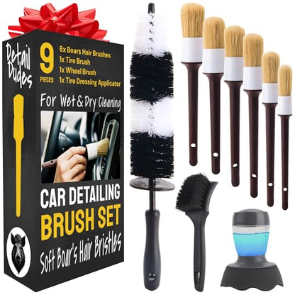 Car Detailing Brush Set 9-Pack - Boars Hair Brushes with Tire and Wheel Brush Plus Tire Dressing Applicator - Soft Bristle Car Detailing Kit for Interior, Exterior and Wheels - Detail Dudes - size: 9 Pack (Full Kit)