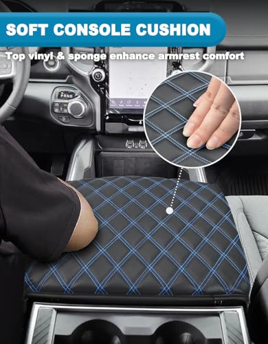 Center Console Cover for Dodge Ram 1500 2019-2026, Bucket Seat, Vinyl Leather Interior Accessories, Car Armrest Cushion Pad, Anti-Scratch, Black-Blue Stitch - color: black-blue stitch