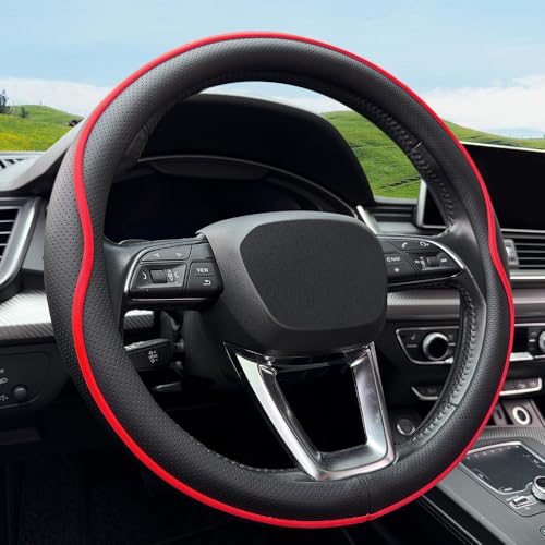 HAOTULE Leather Steering Wheel Cover， with Anti-Slip Stripe Design - Enhanced Grip, Fashion Style, Safe, Non-Slip, Breathable. Upgrade car Interior，Black red - color: Black red