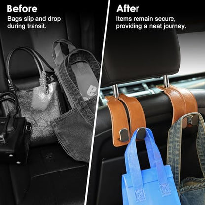 KINIVA Car Seat Headrest Storage Hooks, Set of 2, Suede PU Leather, Double Hooks (06-Brown 4 Pack) - color: 06-Brown 4 pack
