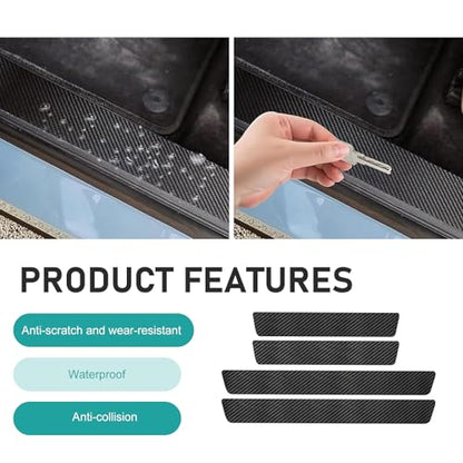 4 PCS Car Door Sill Protector, 3D Carbon Fiber Anti-Scratch Auto Threshold Cover Strips, Waterpoof Welcome Pedal Protection Sticker, Universal for Cars, Trucks, SUVs (Black)
