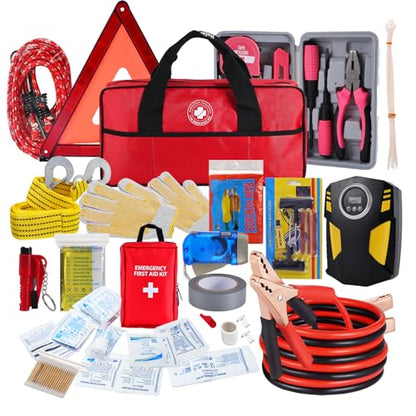 All-in-One Car Emergency Kit with Digital Tire Inflator, Jumper Cable, Tow Strap, Reflective Triangle, First Aid Kit, Hand Crank Flashlight, and Repair Tools for Roadside Safety (Red) - color: Red