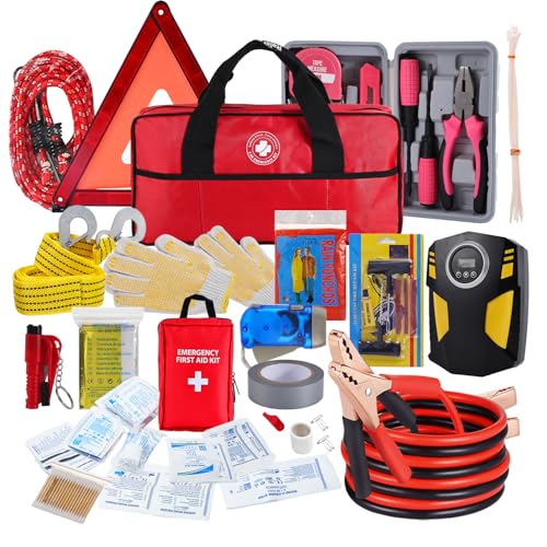 All-in-One Car Emergency Kit with Digital Tire Inflator, Jumper Cable, Tow Strap, Reflective Triangle, First Aid Kit, Hand Crank Flashlight, and Repair Tools for Roadside Safety (Red) - color: Red