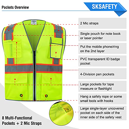 SKSAFETY 10 Pockets Safety Vest, Class 2 High Visibility Security with Zipper Double-sided mesh, Hi Vis Vest with Reflective Strips, ANSI/ISEA Standard, Construction Work Vest （Lime, 4XL） - color: Yellow Mesh, size: 4X-Large