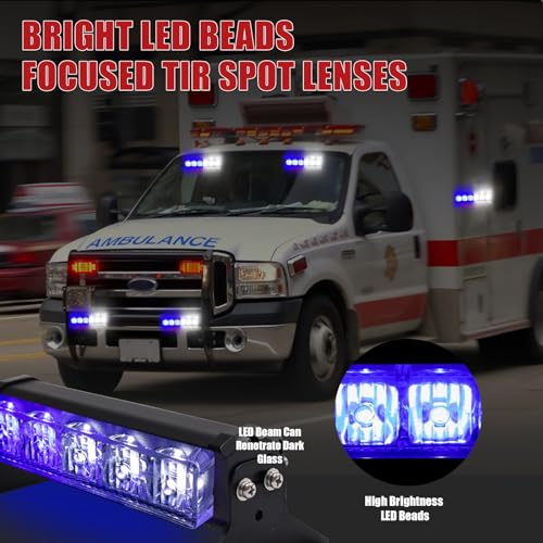 2X 6.1 inch Blue White Emergency Strobe Lights 12 LED Hazard Warning Flashing Safety Dash Front/Rear Windshield Lights Grill Surface Mount for Police Firefighter Ambulance Vehicles Trucks - color: Blue/White