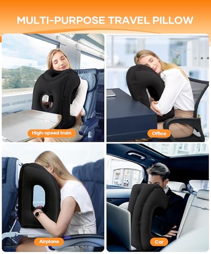 Sunany Travel Pillow, Upgraded Plane Pillow for Long Flights, Inflatable Neck Pillow Used for Airplanes,Cars,Buses,Trains,Office Napping with Eye Mask,Earplugs (Black) - color: Black (Head Heart-shape&sloping Base)