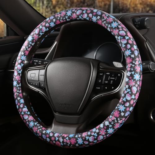 Floral Print Steering Wheel Cover with Silicone Inner Ring, Non-Toxic, Odorless Silicone Leather with Non-Fading Pattern for Men Women, Universal 14.5 to 15 Inch (Flower Print) - style: Flower Print