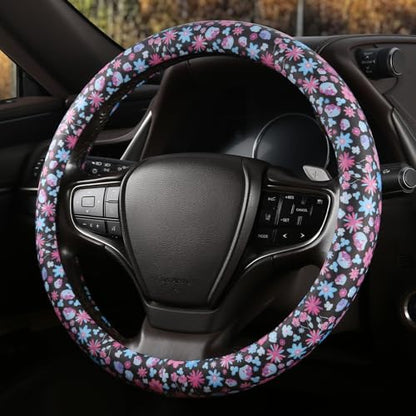 Floral Print Steering Wheel Cover with Silicone Inner Ring, Non-Toxic, Odorless Silicone Leather with Non-Fading Pattern for Men Women, Universal 14.5 to 15 Inch (Flower Print) - style: Flower Print