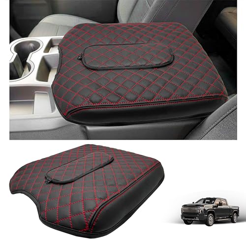 Center Console Cover for Chevy Silverado/GMC Sierra Accessories 2019-2023 2024 2025 2026 Armrest Cover Middle Console Armrest Lid Leather Protector Pad Zipper Only for Jump Seat Console (Red Stitches) - color: Red Stitches