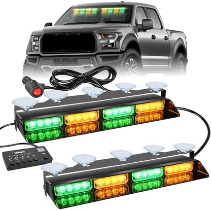 Nilight 32LED Amber Green Emergency Dash Strobe Lights with Controller Suction Cups Warning Hazard Interior Front/Rear Windshield Deck Split Light Bar for Truck Construction Vehicle - color: Amber and Green