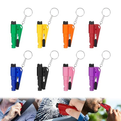 PIFOOG Pack of 8 Window Breaker Seatbelt Cutter Keychain 3-in-1 Car Escape Tool Mini Glass Breaker Seat Belt Cutters Survival Whistle Vehicle Emergency Rescue Safety Tools 8 Colors - color: 8 PCS