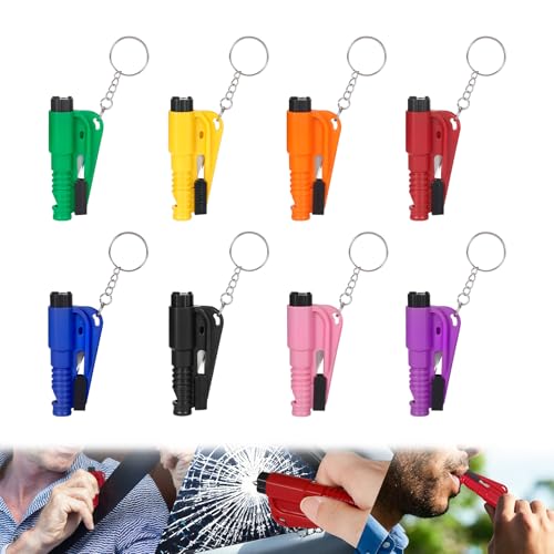 PIFOOG Pack of 8 Window Breaker Seatbelt Cutter Keychain 3-in-1 Car Escape Tool Mini Glass Breaker Seat Belt Cutters Survival Whistle Vehicle Emergency Rescue Safety Tools 8 Colors - color: 8 PCS