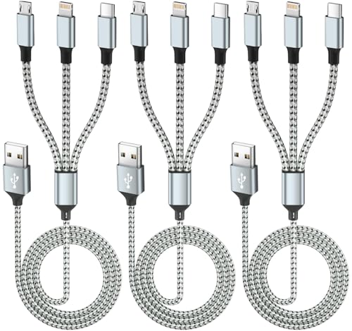Multi Charging Cable(3Pack 4FT), 3 in 1 Charging Cable for Multiple Devices, Multi Phone Charger Cord with Type-C, Micro USB and IP Port for iPhone 16/15/14/13/iPad/Android/Tablets and More - color: Greywhite
