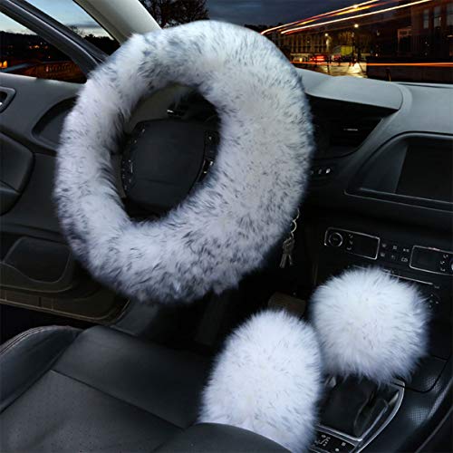 1 Set 3 Pcs Car Steering Wheel Cover & Handbrake Cover & Gear Shift Cover Set Faux Wool Warm Winter (Grey-3pcs) - color: Grey-3pcs