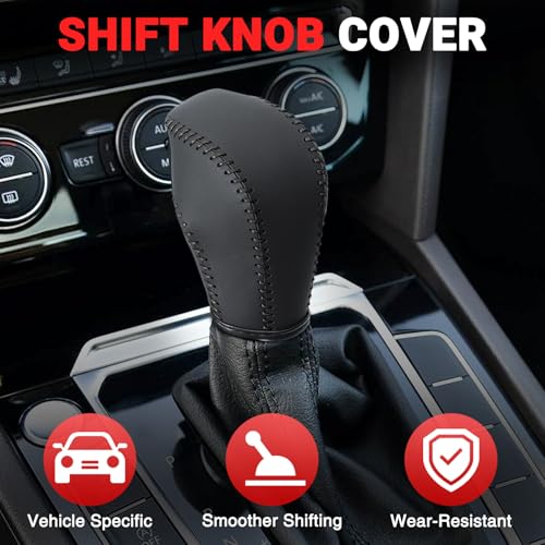 Leather Gear Shift Knob Cover Compatible with Volkswagen Atlas丨 Beetle丨 Golf丨 Passat丨 Jetta 丨 Tiguan 2011-2021 Black Leather with Black Stitches Shifter Knob Cover - Black - color: Black&Black