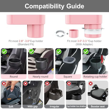Car Seat Snack Tray for Toddlers - 3 Inch Cup Holder Fits Most Sippy Cups & Straw Bottles with Dip Well, Mess-Free Square Kids Travel Tray Road Trip Essentials, Pink - color: Pink