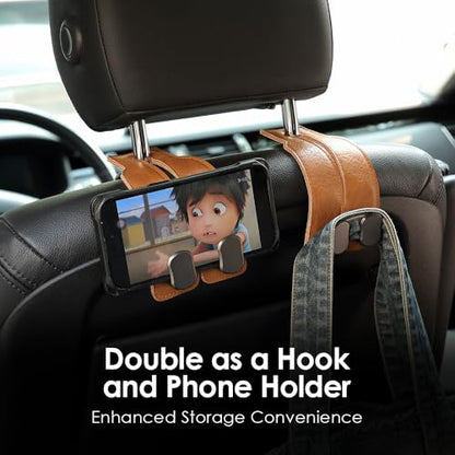 KINIVA Car Seat Headrest Storage Hooks, Set of 2, Suede PU Leather, Double Hooks (06-Brown 4 Pack) - color: 06-Brown 4 pack