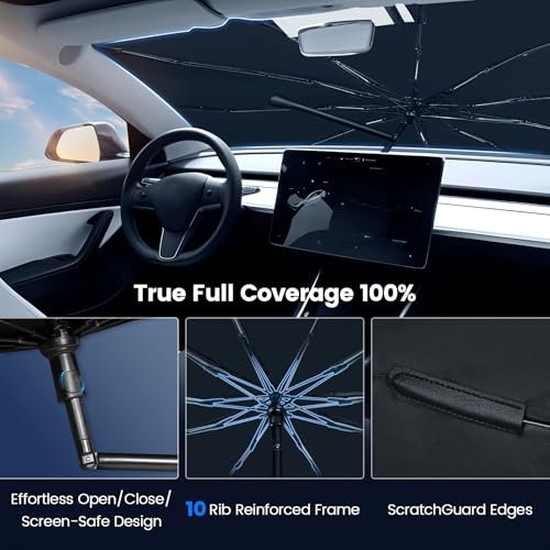 Windshield Sun Shade Umbrella for Tesla Model 3 2016-2026 Highland,Heat Blocking Keep Car Cool,UV Protection Windshield SunShade, Emergency Rain Shield&Dashboard Protector-Thickened Icy Silver - size: For Tesla Model 3 2016-2026-ICY