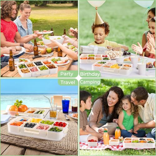 LUXEAR Divided Serving Tray with Lid and Handle Snack Box Charcuterie Container Dishwasher Safe 8 Compartment Snack Platters Portable Clear Organizer for Fruits, Candy, Snacks, Picnic, Travel - size: 1pack white