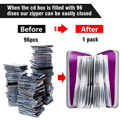 CD Case, Siveit DVD Case Holder 96 Capacity Hard Plastic CD DVD Disc Cases Storage Binder Wallet for Car Home Office Travel (Purple) - color: Purple