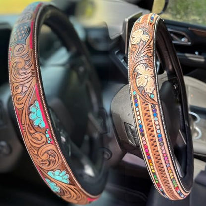 Western Cowboy Steering Wheel Cover Leather, Retro Car Tooled Leather Steering Wheel Cover, Embossed Hand-Painted Universal Anti-Slip - color: S Color