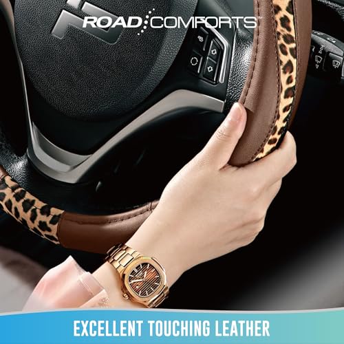 Road Comforts Steering Wheel Cover - Made with PVC Leather and Leopard Fabric - Universal 14 1/2 inches to 15 inches for Most Automotive Steering Wheel - Cheetah Print - Brown - color: Round-Brown