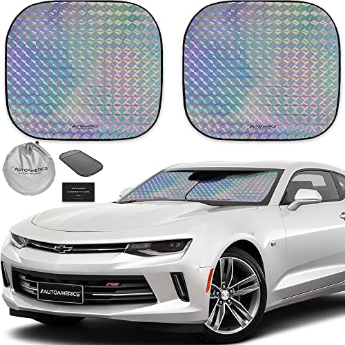 Autoamerics 2-Piece Windshield Sun Shade - Holographic Foldable Car Front Window Sunshade for Most Cars SUV Truck - Heat Blocker Visor Protector Blocks Max UV Rays and Keeps Your Vehicle Cool - Small - color: HOLOGRAPHIC, size: SPORTS (SMALL)