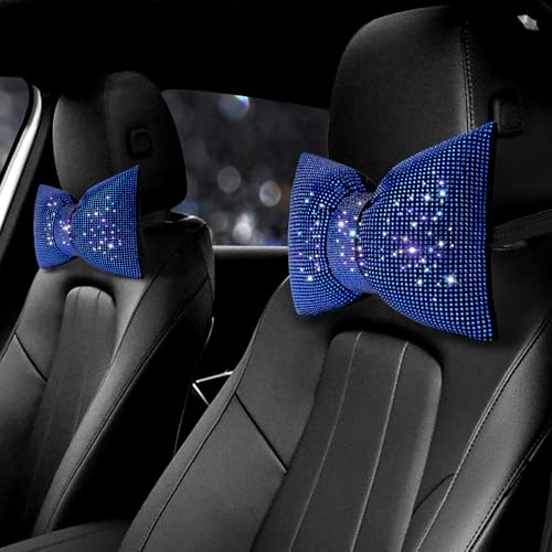 surpassme 2PCS Rhinestone Car Headrest Neck Pillow for Driving with Bling Bling Crystal Bow Pillow Car Accessories for Women (Blue) - color: 2 Blue Pillows