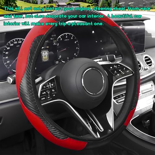 Car Steering Wheel Cover, 15 inch Carbon Fiber Microfiber Leather Elastic Steering Wheel Protector, Breathable Anti-Slip Comfortable Steering Wheel Covers for Most Cars (Black&Red) - color: Black&Red