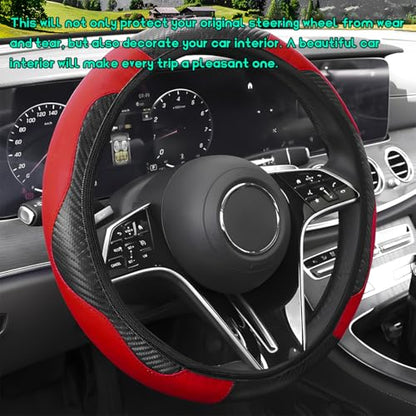 Car Steering Wheel Cover, 15 inch Carbon Fiber Microfiber Leather Elastic Steering Wheel Protector, Breathable Anti-Slip Comfortable Steering Wheel Covers for Most Cars (Black&Red) - color: Black&Red