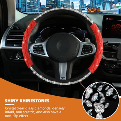 Diamond Steering Wheel Cover ，with Bling Crystal Rhinestone,Delicate and Anti-Slip Sparkly Sedan Steering Wheel Cover ，Adaptable to 14.5-15 inches Car Wheel Protector for Women Girl ，Black & Red - color: Black+Red