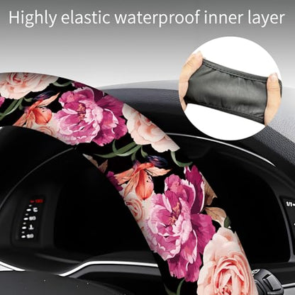 Steering Wheel Covers for Car, Truck, and SUV, Cute Non-Slip Breathable Elastic Steering Wheel, Car Accessories, Universal 15 Inch Leather Cover for Men Women Black Roses - color: Black Roses