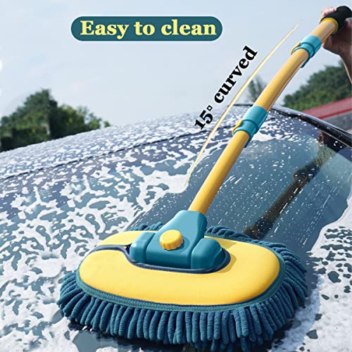 Car Wash Brush with Long Handle, Car Wash Mop Mitt with 2 Replacement Head , Extension Pole Car Brush Cleaning Kit for Cars Trucks - color: Green-2 Heads