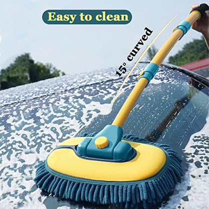 Car Wash Brush with Long Handle, Car Wash Mop Mitt with 2 Replacement Head , Extension Pole Car Brush Cleaning Kit for Cars Trucks - color: Green-2 Heads