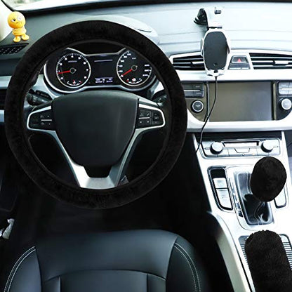 Fluffy Steering Wheel Cover for Women Girls, Accmor Universal Fit 15 inch Fur Car Wheel Cover & Handbrake Cover & Gear Shift Cover Set, Fashion Winter Warm Fuzzy Vehicle Wheel Protector (Black) - color: Black