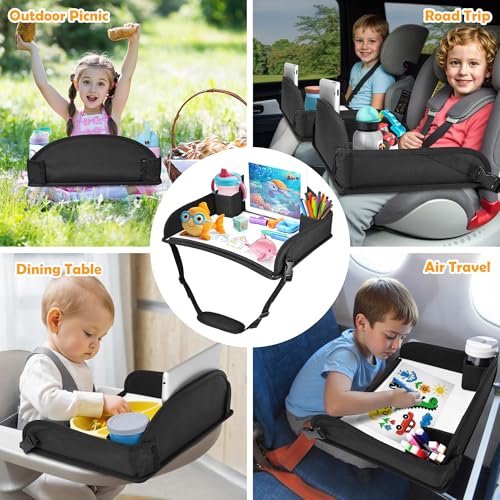 2Pcs Kids Travel Tray for Toddler Carseat, Road Trip Activities Essentials for Toddler, Kids Lap Desk Tray with Tablet Holder Stand ＆ Dry Erase Board (Black-2Pcs) - color: Black-2Pcs