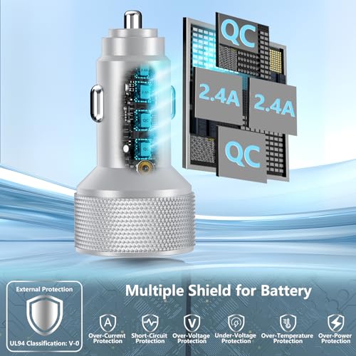 USB Car Charger, Stuffcool 60W Dual USB-A + QC3.0 Power Cigarette Lighter Adapter 4-Port Car Charger Carplay Fast Charging for iPhone 17 17 Pro Max 16 15 14 13 12/Galaxy S26 S25 S24 S23/Pixel 9 8/iPad - color: Matte Silver