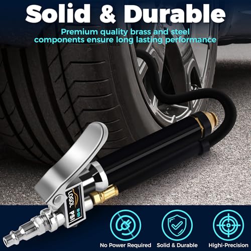 Tire Inflator with Pressure Gauge(10-120 PSI).Calibrated to ANSI B40.1 Grade B.w/Rubber Hose Lock on Air Chuck and Connect Coupler.