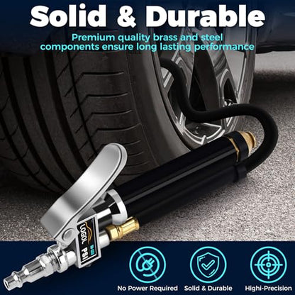 Tire Inflator with Pressure Gauge(10-120 PSI).Calibrated to ANSI B40.1 Grade B.w/Rubber Hose Lock on Air Chuck and Connect Coupler.