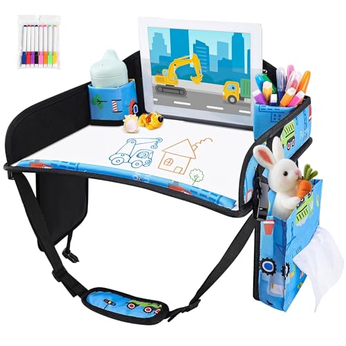 Kids Travel Tray, Kids Travel Trays for Car Seat, Road Trip Essentials for Toddler, Carseat Lap Tray with Dry Erase Board & Storage Organizer for Road Trip Activities for Kid, Light Blue - color: Sky Blue-1PCS