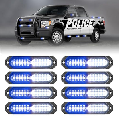 HLauto 1200T Emergency Strobe Grille Lights: 8pcs 12 LED Sync Feature Safety Warning Flashing Lights, Ultra Slim Surface Mount Hazard Caution Lights for Trucks, Vehicles, Car, ATV, UTV (Blue White) - color: Blue/White