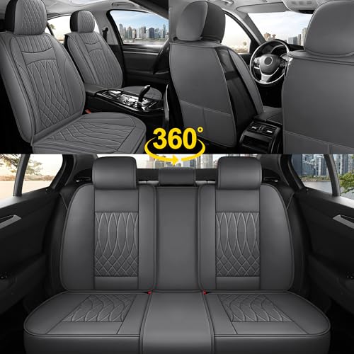 IRONTREE Leather Car Seat Covers Full Set, Waterproof Faux Leather Seat Covers for Cars, Non-Slip Car Interior Covers Universal Fit for Most Cars Sedans Trucks SUVs (Grey, Full Set)