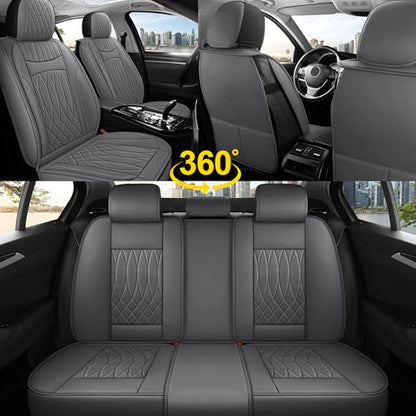 IRONTREE Leather Car Seat Covers Full Set, Waterproof Faux Leather Seat Covers for Cars, Non-Slip Car Interior Covers Universal Fit for Most Cars Sedans Trucks SUVs (Grey, Full Set)