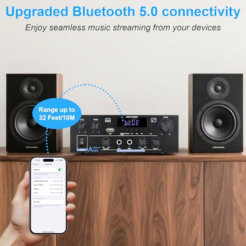 Romica AK55 Stereo Audio Amplifier, 2 Channel 500W Bluetooth 5.0 Home Audio Stereo Receivers with FM, Echo, AUX, USB, SD, MIC, Optical & Coaxial Inputs, AMP for Passive Speakers and Active subwoofer - style: 2.0 CH With Opt/Coax Input