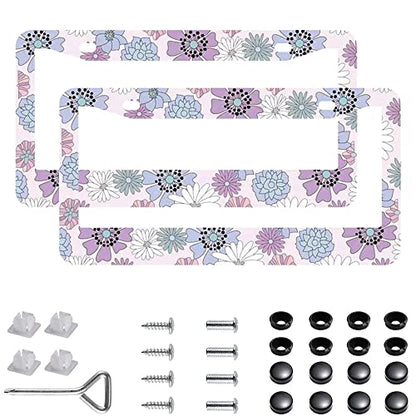 2Pcs Bright Purple Flower License Plate Frames Cover Holders Stainless Steel License Plate Cover with Screw Caps Cover and Screwdriver Set - 2-Hole for Girl Women (Bright Purple Flower) - color: Bright Purple Flower