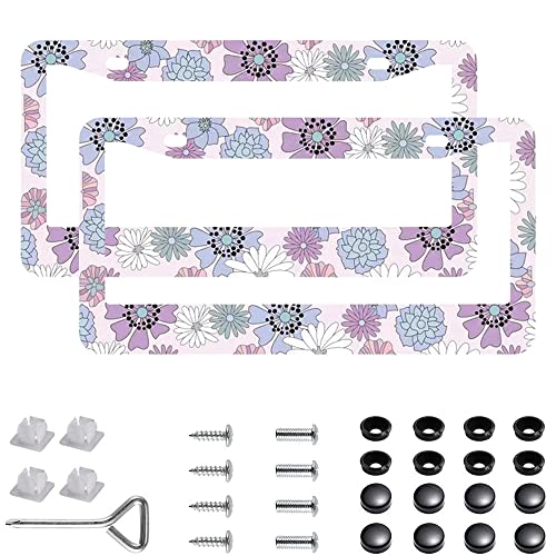 2Pcs Bright Purple Flower License Plate Frames Cover Holders Stainless Steel License Plate Cover with Screw Caps Cover and Screwdriver Set - 2-Hole for Girl Women (Bright Purple Flower) - color: Bright Purple Flower