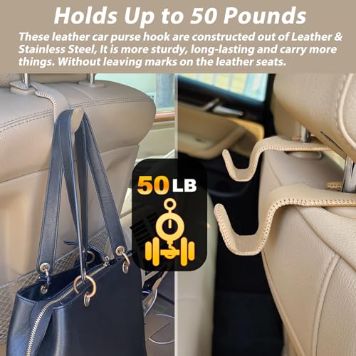 Purse Hook for Car, Purse Holder Car Headrest Hooks Leather for Hanging Purses and Bags, 2 Pack Beige - color: Beige