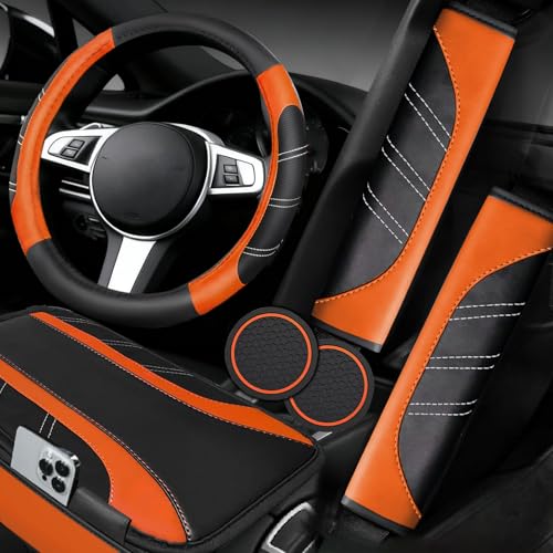 NBTEPEM 6 Pcs Orange Car Accessories Set, Sport Leather Steering Wheel Cover 14.5-15inch Universal, Microfiber Leather Car Center Console Cover, Seat Belt Cushion, Cup Holder Coaster (Black-Orange) - color: Orange, size: Steering Wheel Cover Set