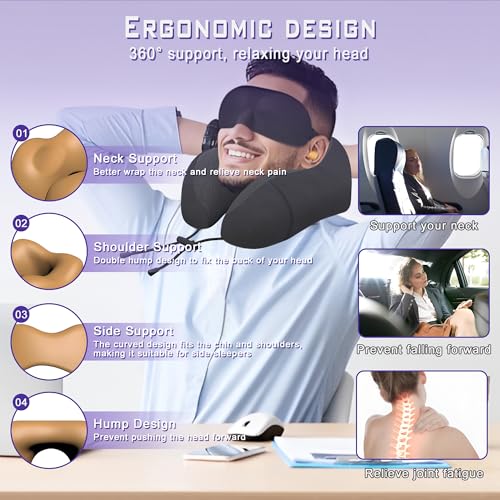 Neck Travel Pillow, Upgraded Memory Foam Pillow for Airplane, Machine Washable, Adjustable Flight Pillow, Suitable for Sleeping Airplane, Car, Office and Home (Black) - color: Black